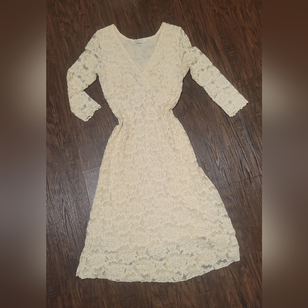 Cream Sundress with V-Neck and Cuffed Sleeves for Weddings
